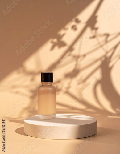 Minimal Cosmetic Serum Bottle on Pedestal with Soft Warm Light