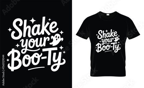 Spooky halloween t shirt design with shake your boo ty text and ghost