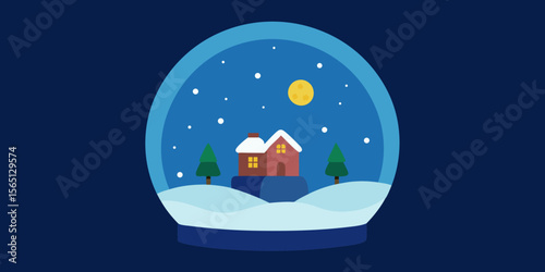 Christmas night landscape with a festive house, snow, and winter trees for a holiday card illustration