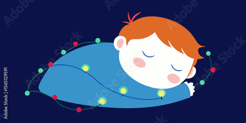 Sweet cartoon illustration of a little girl sleeping on the moon with a smile, surrounded by stars