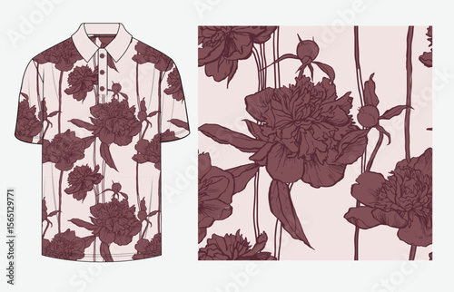This seamless floral pattern features vintage line art peonies in burgundy on a soft pink background, ideal for polo shirts, menswear, resort wear, textiles, and surface design projects