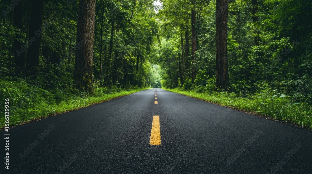 Obraz premium Forest Road Perspective: Asphalt Path Through Emerald Canopy with Yellow Center Line