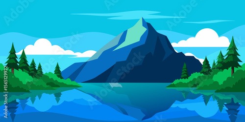 Serene mountain landscape features a beautiful lake reflecting the sky and clouds, ideal for summer travel and tourism
