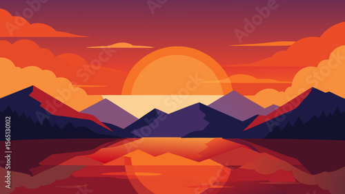 Mountain landscapes bathed in the warm glow of sunrise or sunset, featuring a vibrant sky with orange clouds, silhouetted peaks, and serene nature