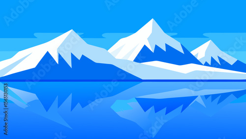 A vector illustration of a cold, snowy mountain landscape with a lake reflecting the high, icy peaks and clear blue sky