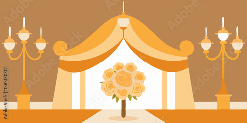 Thai Buddhist temple vector art illustration featuring a Buddha statue, decorative lamps, and a peace symbol design