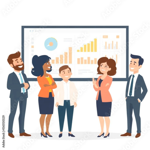 A group of four executives are standing in front of a digital screen showing charts. Everyone is smiling or nodding, showing active participation.