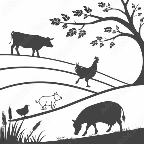 Black and White Farm Animal Silhouettes Rolling Hills Landscape