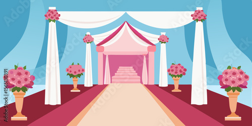 Red and white striped circus tent illustration under a blue sky, perfect for a fun carnival celebration or entertainment event