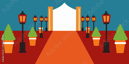 A 3D illustration of a luxurious red carpet entrance leading to a golden hall, signifying a VIP gala celebration and Hollywood success