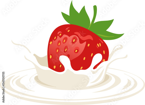 Elegant illustration of strawberry dipping into smooth milk bowl highlights glossy seeds and leaf crown using soft light shading balanced
