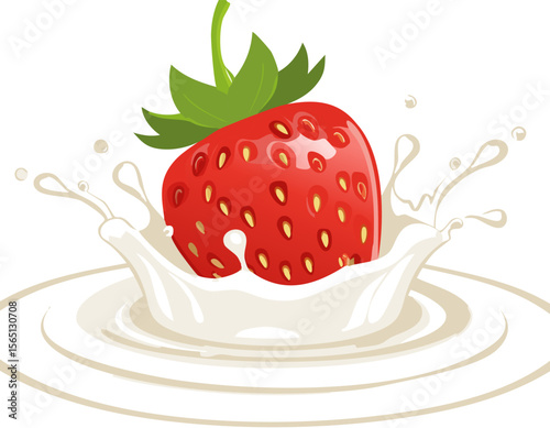 Bright flat illustration of a ripe strawberry diving into creamy milk with dynamic splash curves and generous white copy space ready for headline placement in food advertising