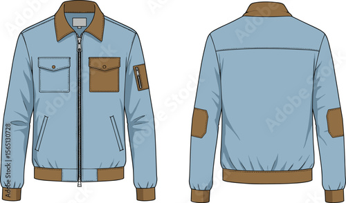Front and back sketch of blue jacket with brown details, zipper, chest and sleeve pockets, stylish technical drawing for men’s outerwear design