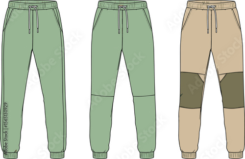 Men jogger pants flat sketch with drawstring waist, patchwork design, ribbed cuffs, fashion technical illustration, front view, activewear flat vector illustration