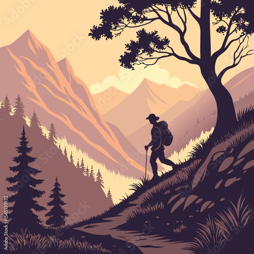 Hiker Silhouette Mountain Landscape Sunset Hues mountains
