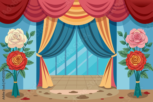A romantic red velvet theater curtain frames a beautiful bouquet of red roses on a rustic wooden backdrop, setting the stage for a dramatic performance