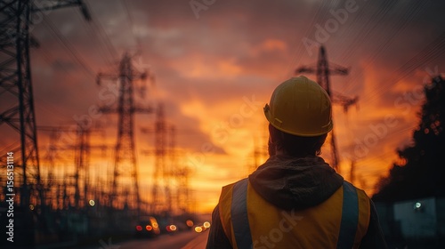 A worker in a hard hat and reflective vest observes an electrical substation at sunset, with power lines silhouetted against a vibrant orange sky.