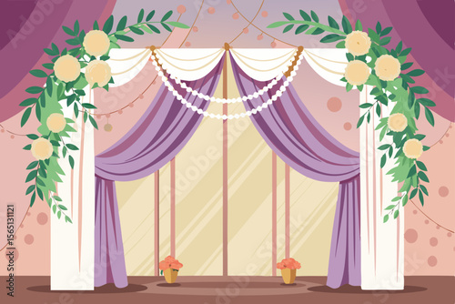 Elegant Wedding Ceremony Archway Decor Floral Arrangements and Draped Curtains