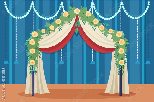 A vibrant red velvet circus tent on a theater stage with gold drapes under a blue sky, ready for an unforgettable show