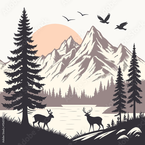 Mountain Lake Sunset Elk Deer Silhouette Landscape