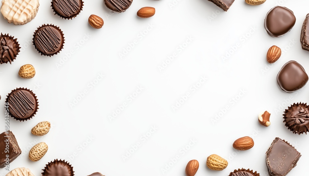 Fototapeta premium Decadent assortment of chocolates and nuts arranged artfully on a white background