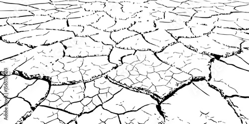Black and white cracked earth texture with intricate patterns, symbolizing extreme drought, environmental stress, or parched landscapes. Perfect for backgrounds, climate themes, or natural decay visua