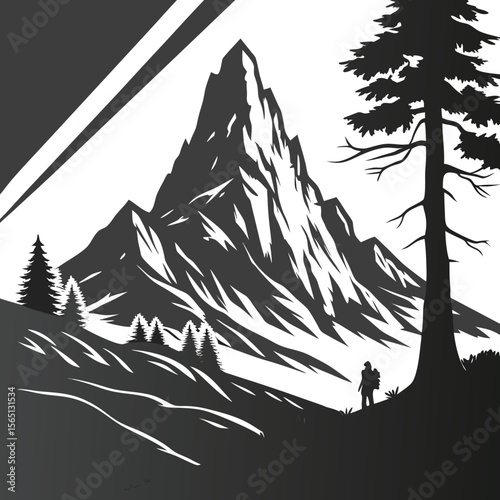 Silhouette Hiker Mountain Peak Landscape Black White
