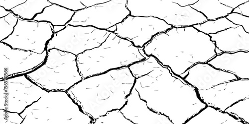 Black and white cracked earth texture with intricate patterns, symbolizing extreme drought, environmental stress, or parched landscapes. Perfect for backgrounds, climate themes, or natural decay visua