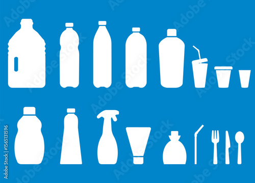 Different plastic objects such as plastic water bottles, cups, containers, tableware, straws and disposable utensils. Concept of water pollution with microplastics. 