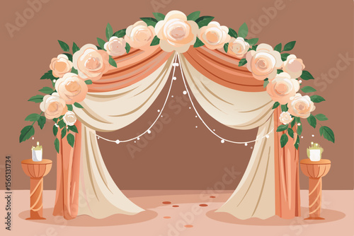 Wedding invitation with a decorated tent and curtain, featuring a beautiful bride in her gown celebrating love and marriage