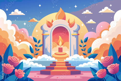 Here's a single sentence for naming and describing the image:

Buddhist temple in Thailand with a Buddha statue, an architectural landmark illustrating the serene religion and design under a clear sky