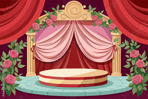 Elegant red velvet curtains adorn a classic theater stage, illuminated for a grand performance