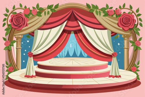 Vintage vector illustration of a red and white striped circus tent on a hill under a clear sky, perfect for a carnival or entertainment event poster design