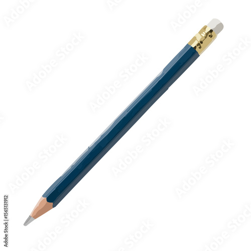 Dark blue pencil with eraser and gold ferrule on white background  