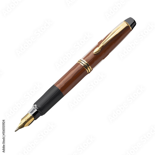 Luxury fountain pen with gold accents and wooden body  