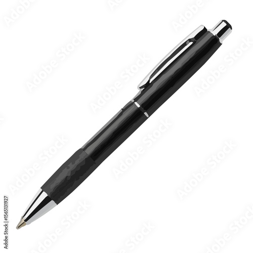 Black ballpoint pen with silver accents on white background  