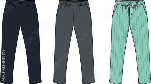 Men’s formal and casual pants flat sketch with waistband, drawstring, and stripe detail, stylish fashion design for apparel illustration flat vector illustration