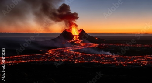 Majestic Volcano Erupting Molten Lava Under a Sunset Sky