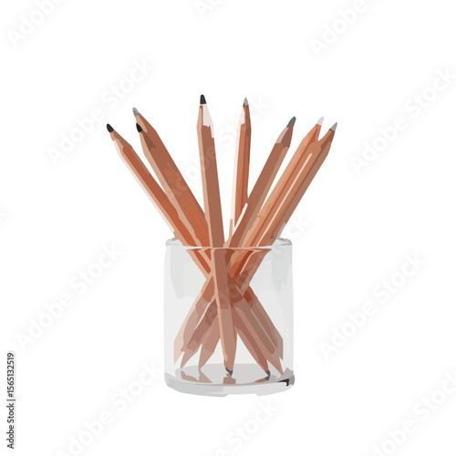 Pencils arranged in a glass container on white background  