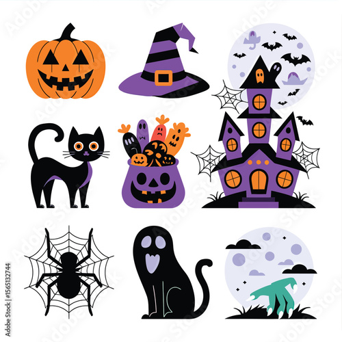 2d vector illustration Halloween t shirt icon design items ghost character Candles in carved pumpkin
