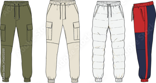 Men’s jogger pants fashion technical flat sketch, featuring cargo pockets, quilted design, color block panels, drawstring waist, elastic cuffs flat vector illustration