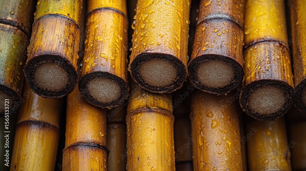 Close-up of stacked bamboo poles, showing the wet, golden-brown color and the inner section Close-up of stacked bamboo poles, showing the wet, golden-brown color and the inner section