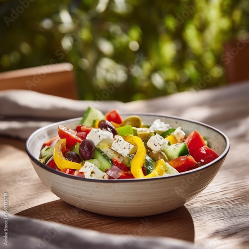 Fresh vegetable salad served in a bowl on a wooden table outdoors during daylight