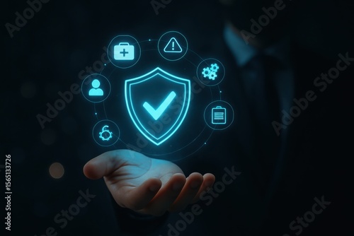 Digital shield security icons glowing blue technology