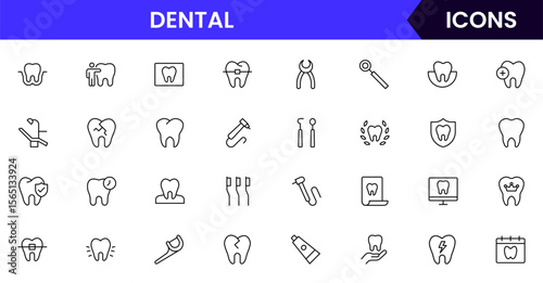Dental vector web line icon collection, sleek illustrations of teeth, tools, and oral care for professional dental and health designs.
