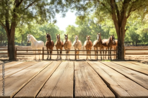 Rustic Wooden Tabletop Overlooking a Serene Horse Pasture with Blurred Horses