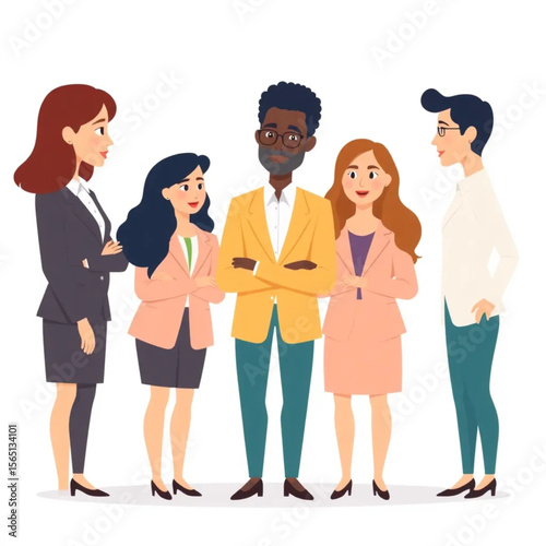A group of five colleagues are preparing for a client pitch. They are dressed in business attire and seem engaged in the conversation.