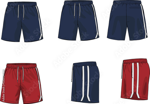 Six pairs of men's drawstring shorts, navy and red with side stripes, front and side views, sporty fashion sketch for activewear design template