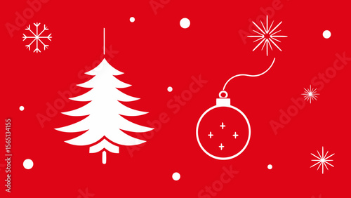 Red Christmas background with snowflakes, festive tree decoration, and gold star for a merry holiday greeting card design
