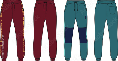 Men’s jogger pants flat sketch with chain side, color block panels, back pocket, drawstring waist, sporty casual fashion design flat vector illustration